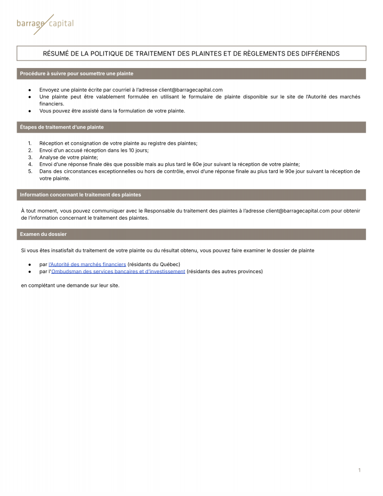Summary of Complaint Processing and Dispute Resolution Policy